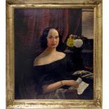 Nineteenth century painter. Portrait of a young female musician, allegory of music. 90x75, oil