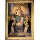Italian painter from the XVI-XVII century. Madonna of the Rosary with Child with Saints. 175x120,