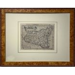 Small map of Sicily, 1610, Mercator-Hondius. Cm 13,5x18, copper etching. With frame in walnut and