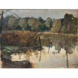 Oil paint on canvas. Painter form the late nineteenth century. Lake landscape.