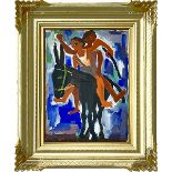 Tempera painting. Giuseppe Consoli Guardo (Catania, Catania 1919-, 2010). Boys riding on a donkey
