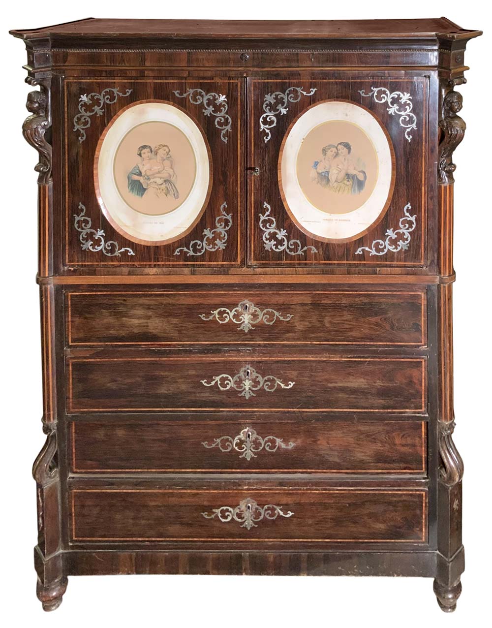 Chiffoniera rosewood inlaid with silver metal, Sicily, XIX century. Four drawers behind the two