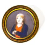 Snuffbox in olive wood root surface, turtle interior, decorated with the picture of kid and a