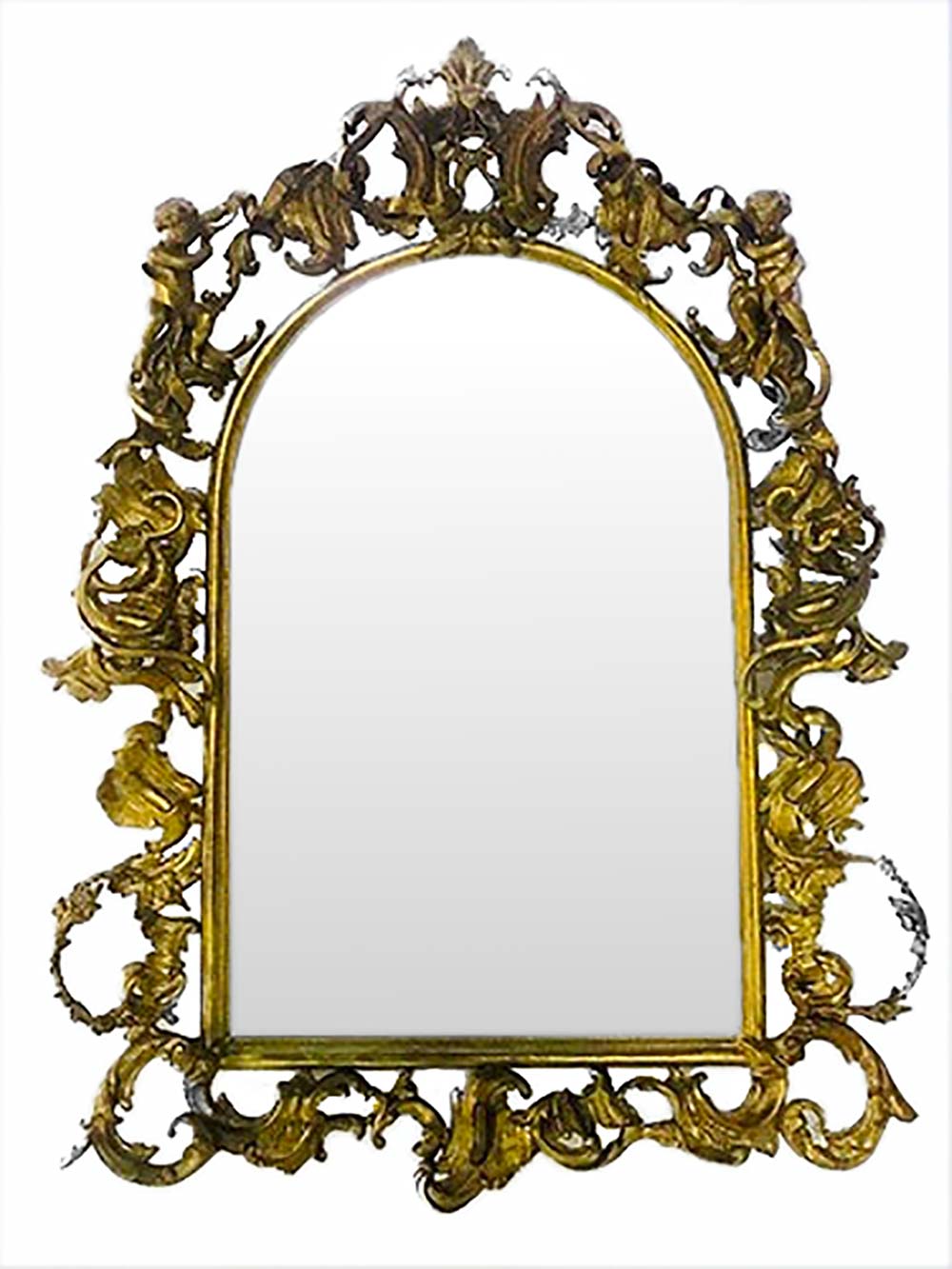 Mirror, nineteenth century, with gilded wooden frame and elegant decorations Ramage and Putti. H cm