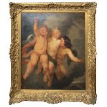 Oil painting on canvas. Nineteenth century painter from the Rubens school. Angels in flight. 45x35.