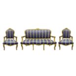 Sofa and two armchairs Louis Philippe style first 900, gilted wood Leaf. Lined in blue fabric. Sofa