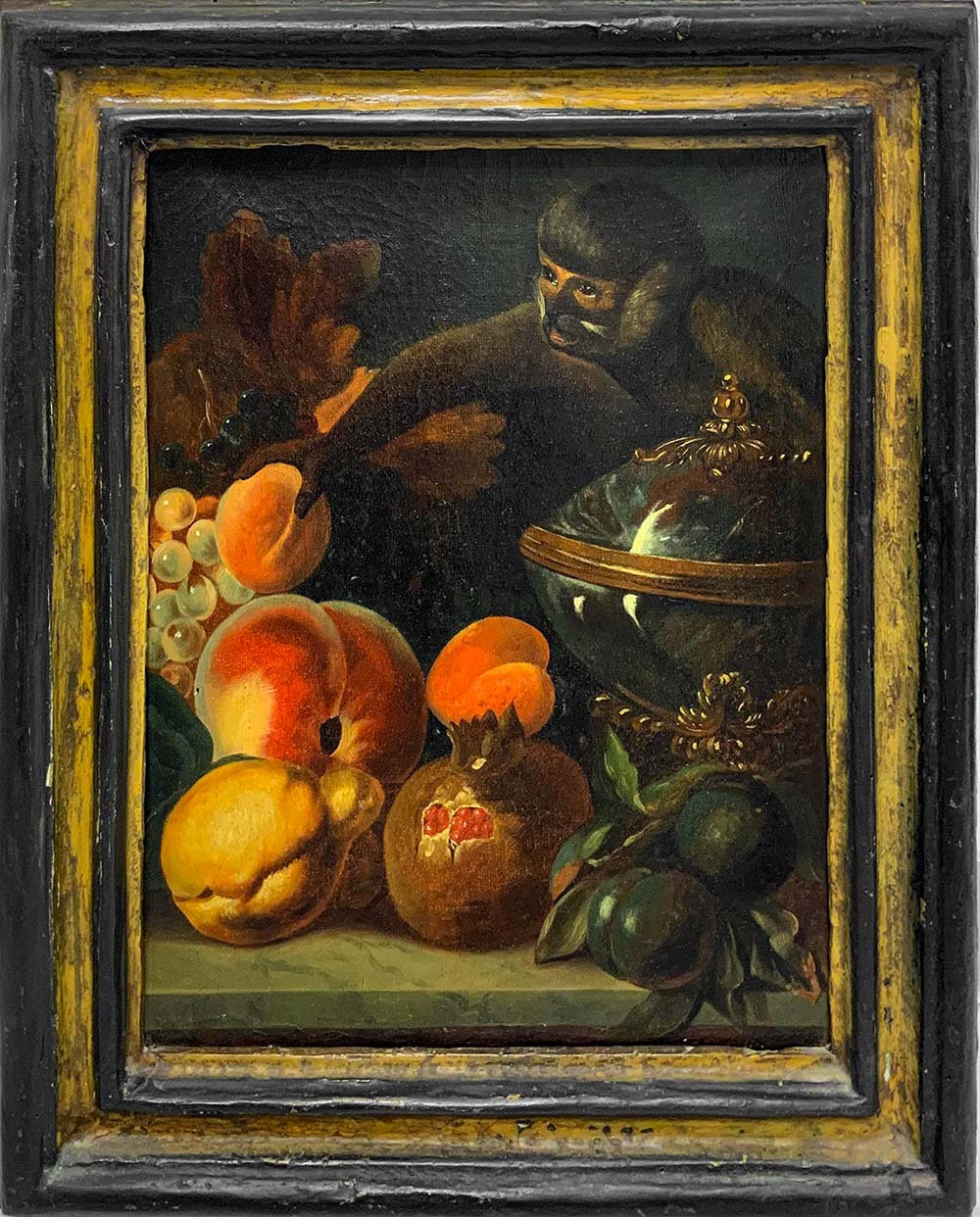 Oil painting on canvas. All. by Antonio Maria Vassallo (Genoa, 1620-Milan, 1672). Monkey and fruit.