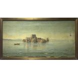 Oil painting on canvas. Elvira Del Giudice. Castle by the sea. 25x50. Signed on the lower right.