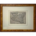 Small map of Sicily, 1610, Mercator-Hondius. Cm 13,5x18, copper etching. With frame in walnut and