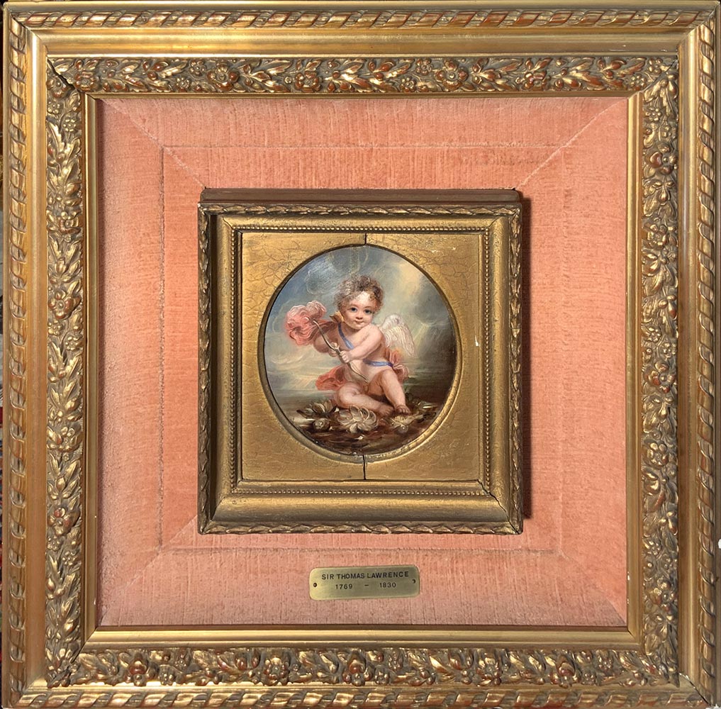 Oil painting on papier machè, allegedly by Sir Thomas Lawrence, Cupid with bow and arrow