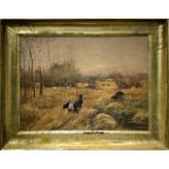 Oil painting on masonite. Painter from the early twentieth century. Field with black grouses. 40x50