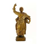 Seventeenth century sculpture. Wooden statue figure of Evangelista. "Mecca" gilding. H 49 cm.