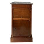 Bedside table with sliding door on the front. In mahogany wood with dark gray marble surface