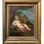 Oil painting on canvas. Circle of François Boucher. Bacchante Cherub with cornucopia