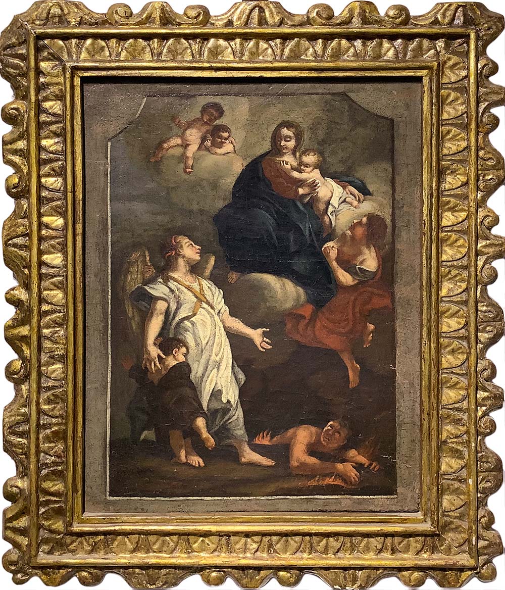 Oil painting on canvas. Italian painter from the eighteenth century. Madonna with Child and Angels