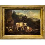 Oil painting on wood. Flemish painter from the seventeenth century. Oxen and goats. 24x31,5