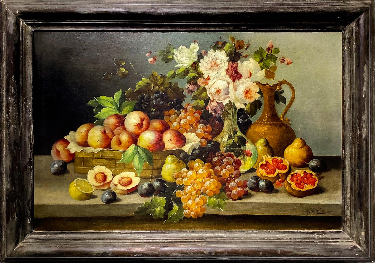 Oil painting on canvas. French painter from early twentieth century. Still life of fruit and flowers