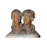 Sculptor of the nineteenth century. Young pair of bronze with brown patina. H 31 cm, 30 cm marble