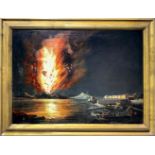 Oil painting on canvas. Nineteenth century painter. Vulcanic eruption.