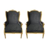 Pair of bergère armchairs in gilted wood, XX century. Refurbished with gray fabric. Cm 107x57x56.