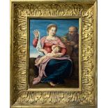 Oil painting on wood. Allegedly by Maerten De Vos (Antwerp 1532- Antwerp 1603). Holy Family. 34x25.