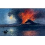 Oil painting on canvas board. Anonymous Neapolitan painter, late 19th century. Vesuvius erupting.