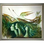 Oil painting on canvas. D'Angelo Cesare (Catania). Herons and female faces. Signed on the top