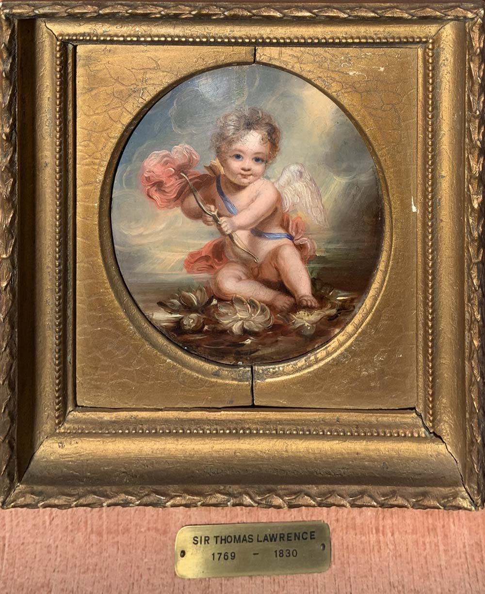 Oil painting on papier machè, allegedly by Sir Thomas Lawrence, Cupid with bow and arrow - Image 2 of 4