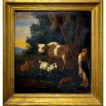 Oil paiting on wood. Flemish painter seventeenth century. Oxen and goats. 39x34.