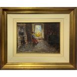 Oil painting on canvas. Elvira Del Giudice. Woman by the door. 16,5x22. Signed on the lower right.