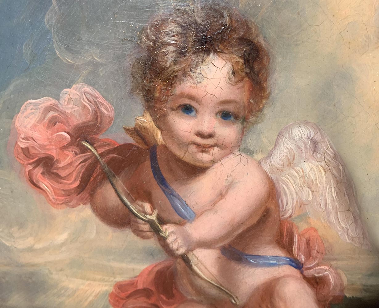 Oil painting on papier machè, allegedly by Sir Thomas Lawrence, Cupid with bow and arrow - Image 3 of 4