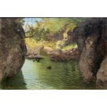 Oil painting on canvas. Giuseppe Tesa (XX century). River landscape. 27x35