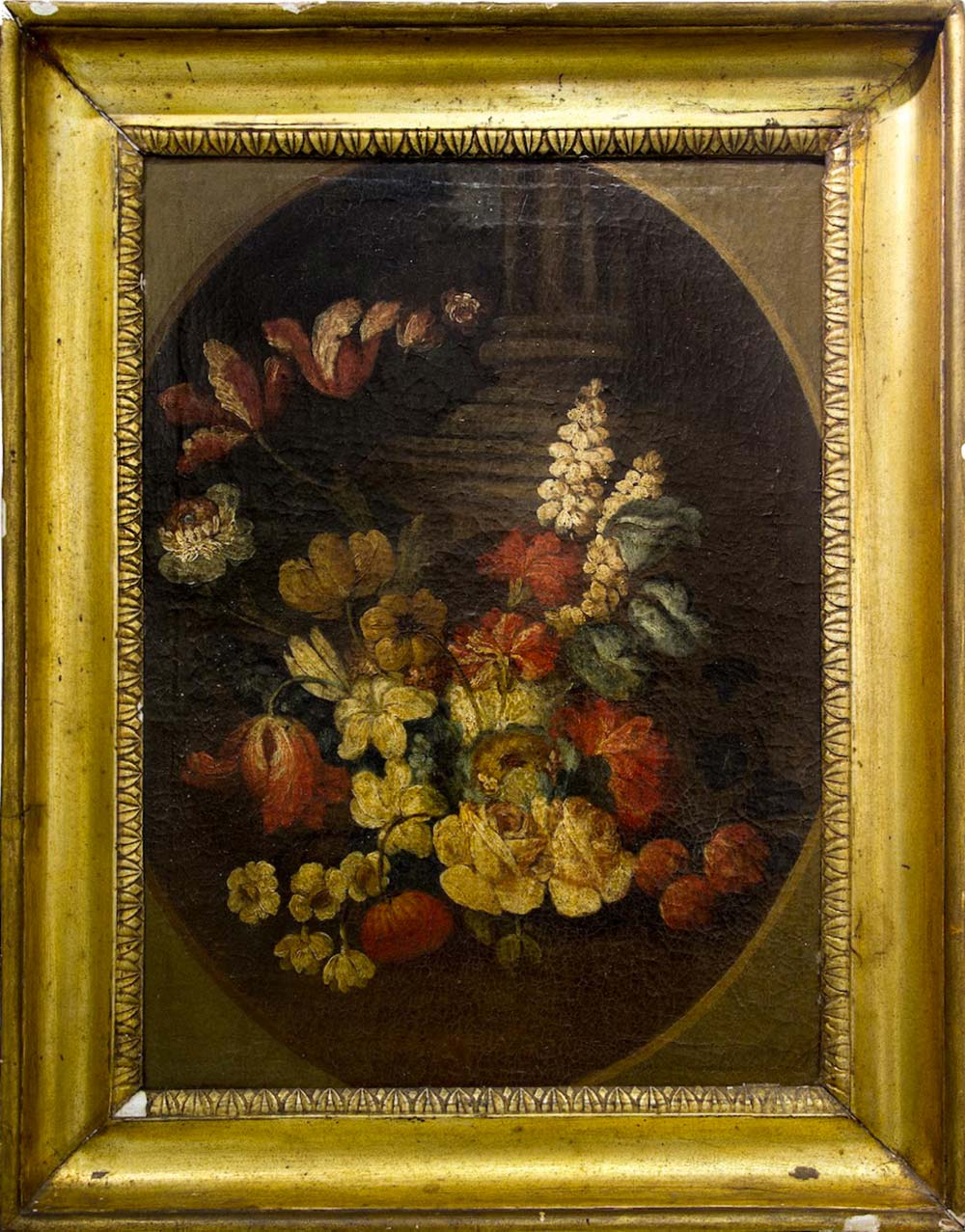 Oil painting on canvas on board. Italian Painter form the eighteenth century. Still life of flowers