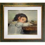 Oil painting on canvas depicting a child resting on the desk, the twentieth century. Cm 41x48