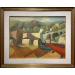 Oil painting on canvas depicting boats. Expressionistic artwork. 50s. Cm 45x60.