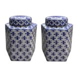 Pair of poutiche porcelain, hexagonal with a blue decoration on white. H 23 cm.