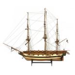 Model ship with 3 masts. H 80 cm, length 80 cm.