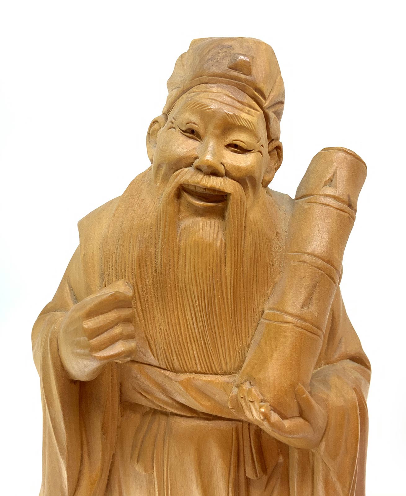 Wooden sculpture of a Chinese wiseman, China, eighteenth century. H 17 cm, 2.4 cm with pedestal. - Image 2 of 5