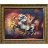 Oil painting on canvas depicting horses Jovan Vulic (Yugoslavia, 1951). Cm 40x50, Oil paint on