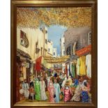 Oil painting on canvas depicting naive turkish market by Drago Angelo (Catania Catania 1930- 2020).