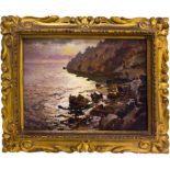 Oil painting on canvas depicting the sea and rocky coastline, the XIX Century. Cm 18x24
