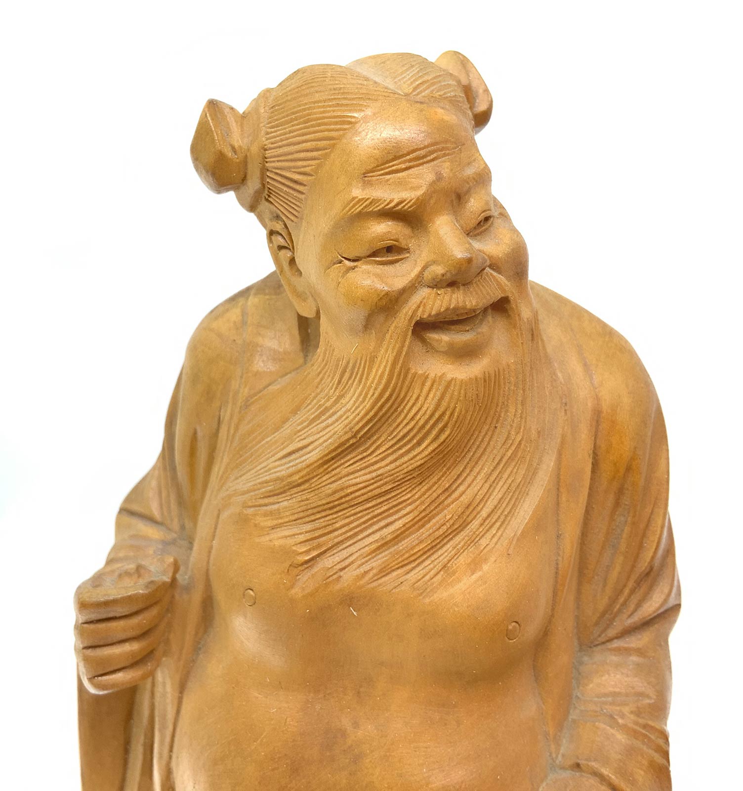 Wooden sculpture of a Chinese wiseman, China, eighteenth century. H 17 cm, 2.4 cm with pedestal. - Image 3 of 5