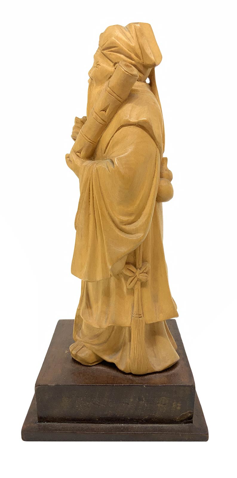 Wooden sculpture of a Chinese wiseman, China, eighteenth century. H 17 cm, 2.4 cm with pedestal. - Image 3 of 5