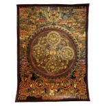 Thangka, painting of sacred Buddhist art on canvas. Meticulously decorated, without frame. Wear and