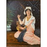Oil painting on canvas depicting oriental woman with harp, late nineteenth century. Cm 100x90, Oil