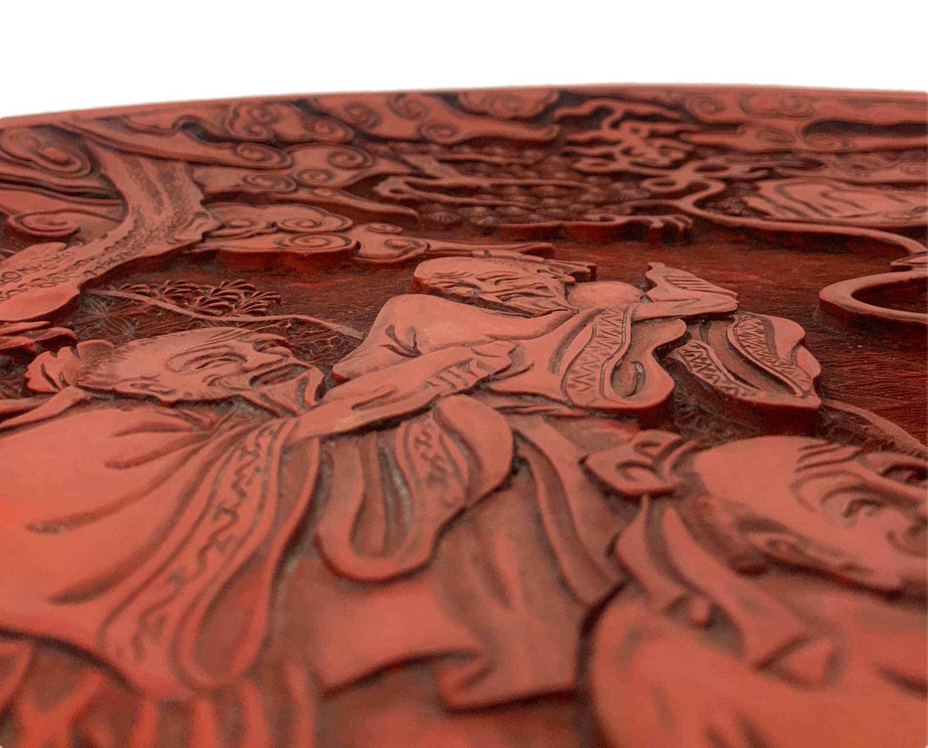 Chinese cinnabar lacquer plate decorated in relief with a scene of Tao in the act of the donation - Image 5 of 7