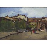 Oil painting depicting Road by Bernardo Gentili landscape (1900- 1963). Cm 21x29, oil on cardboard.