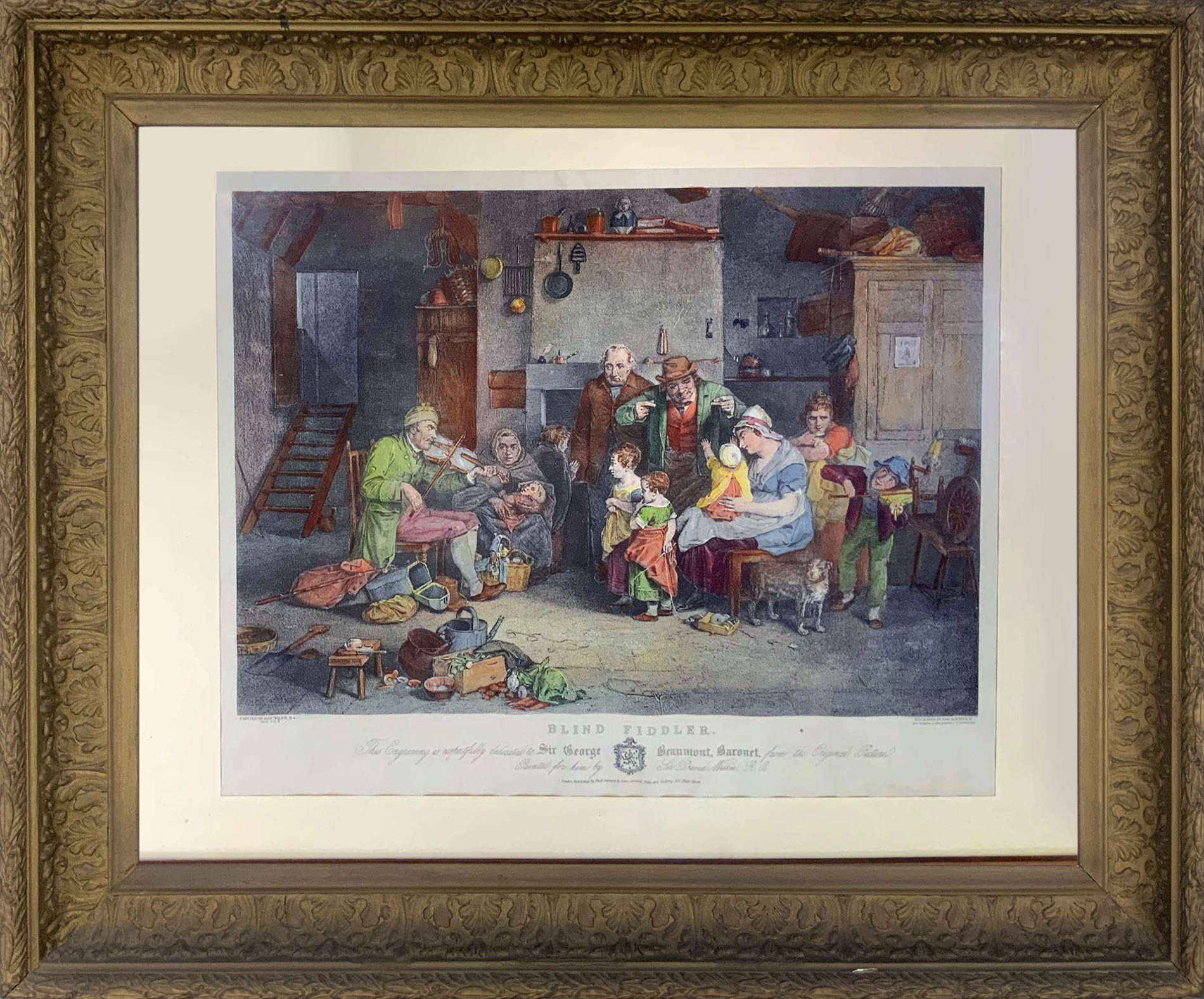 Print Blind Fiddler depicting indoor with family. Gilded wooden frame, Cm 78x97.