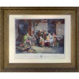 Print Blind Fiddler depicting indoor with family. Gilded wooden frame, Cm 78x97.
