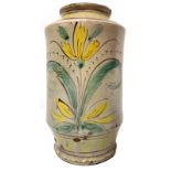 Cylinder majolica of Caltagirone, Sicily, 1833. White background with yellow flowers and green